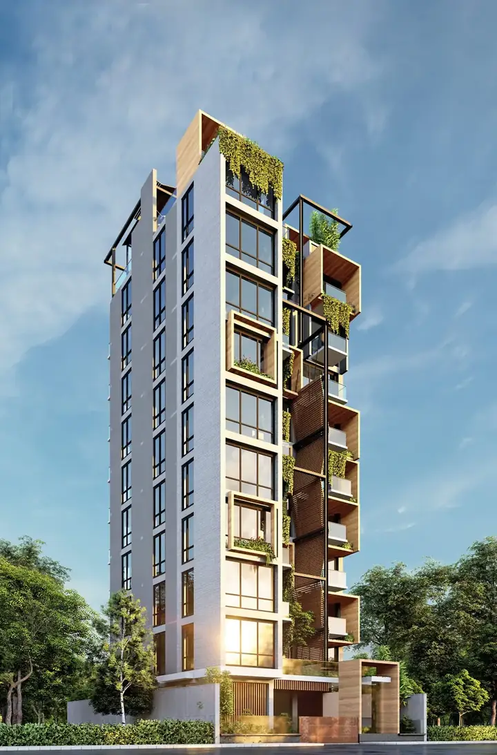 Premium residential tower in warm daylight